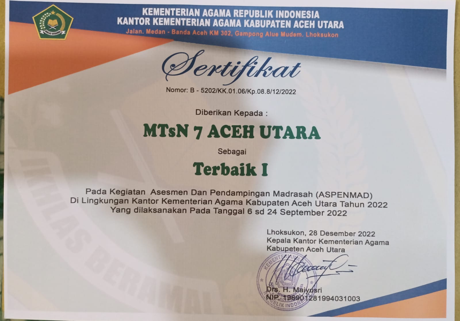 MTsN 7 Aceh Utara Kembali Meraih sebagai Terbaik I pada ASPENMAD 2022